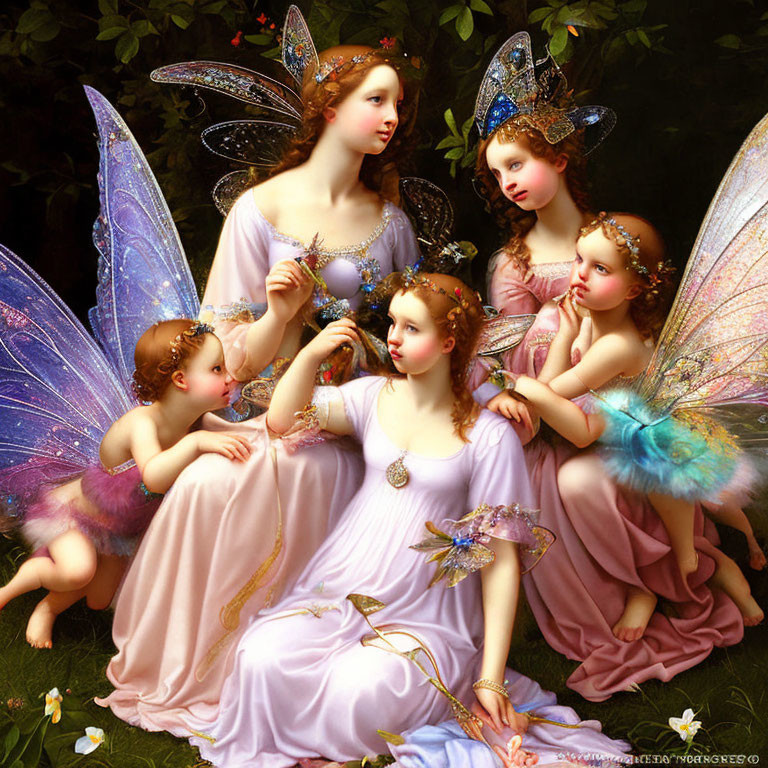 Six fairies with iridescent wings in lush greenery and floral motifs.