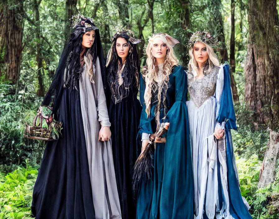 Four women in medieval fantasy attire with crowns, standing in a forest