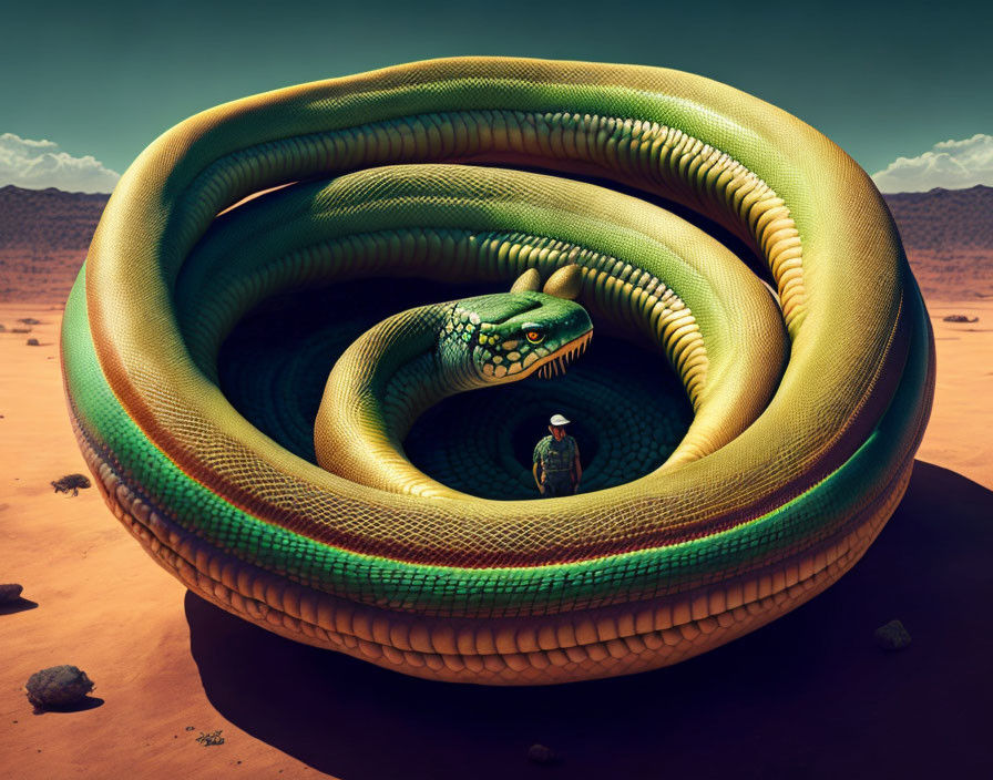 Person standing in giant snake coils in desert landscape under blue sky