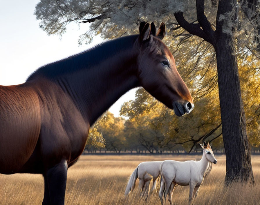 Majestic brown horse in sunlit field with white horse