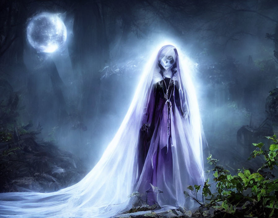 Ghostly figure in white and purple gown in misty forest at night