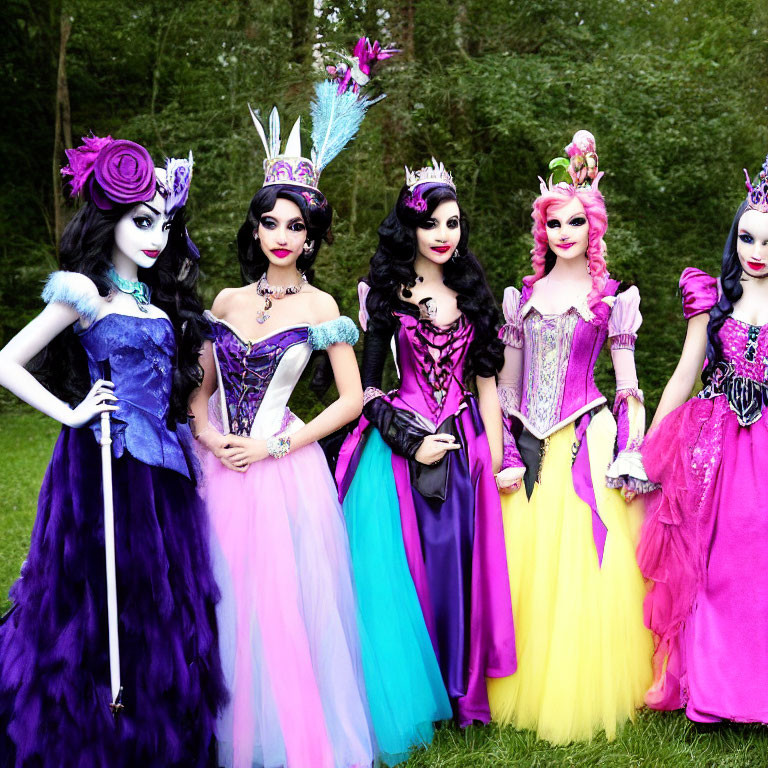 Fashionable dolls in colorful fairy-tale costumes outdoors
