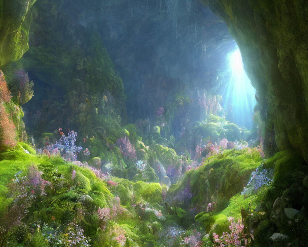 Underground Cavern with Lush Greenery and Flowers