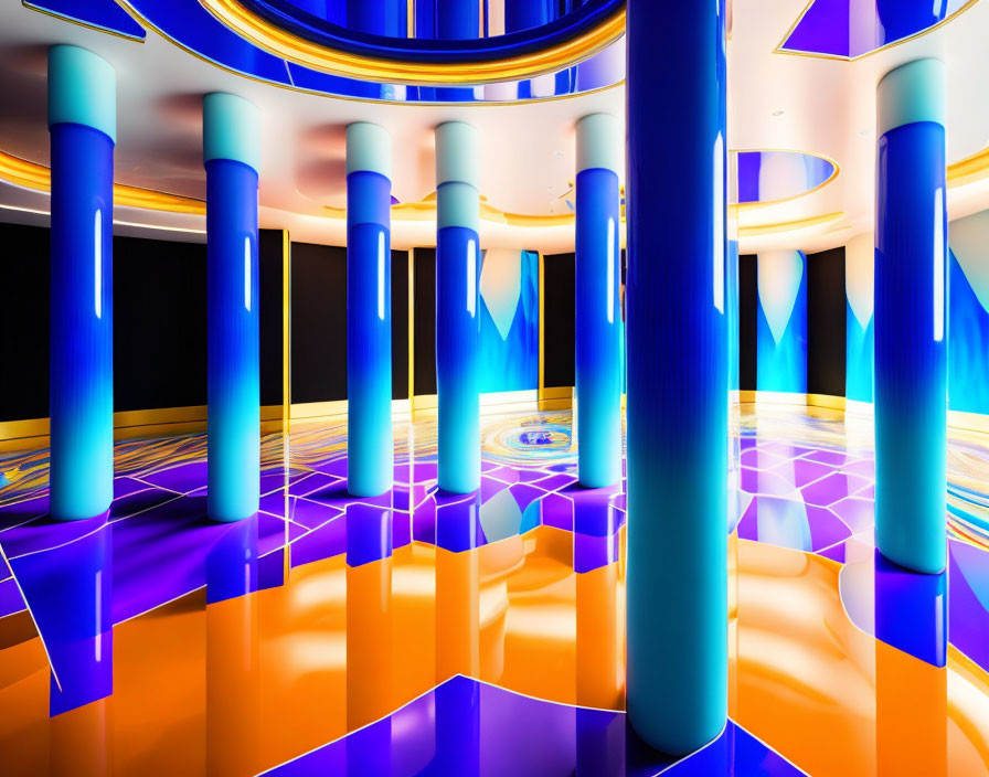 Bold Blue and Purple Futuristic Interior with Reflective Orange Floors