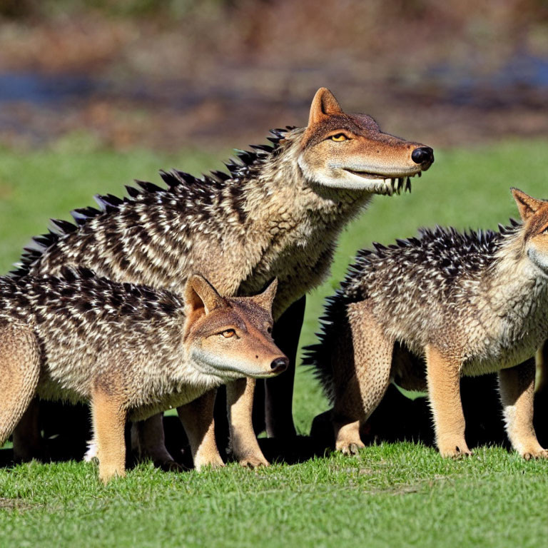 Fantasy creatures: porcupine-wolf hybrids on grass field