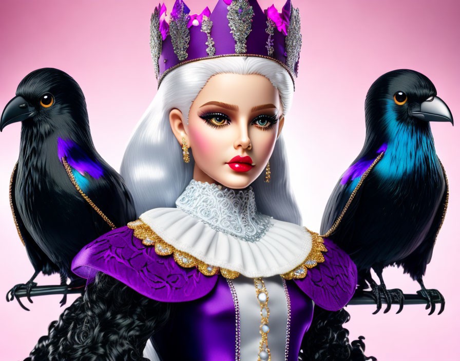 Regal figure in purple gown with gothic birds