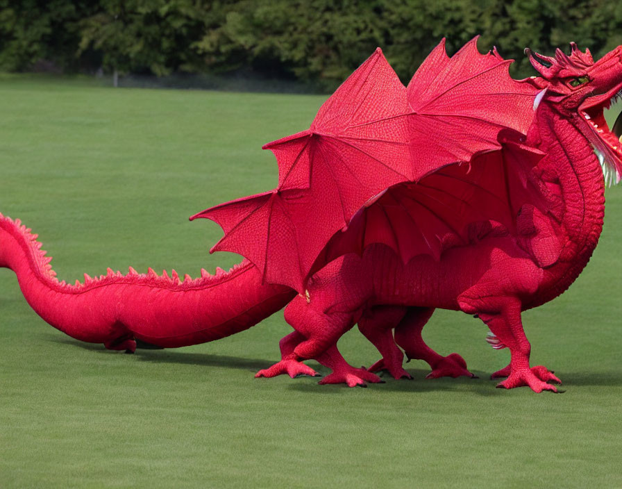 Intricate details of vibrant red dragon sculpture on green lawn