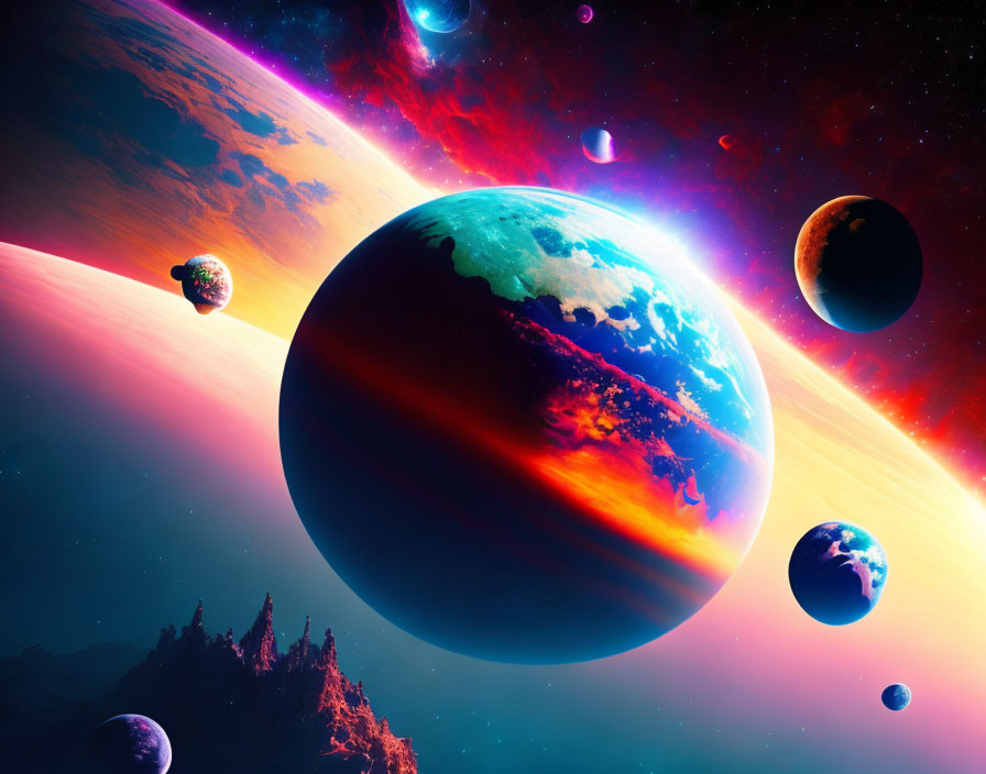 Colorful digital art: Space scene with planets, stars, nebula, and galaxy.