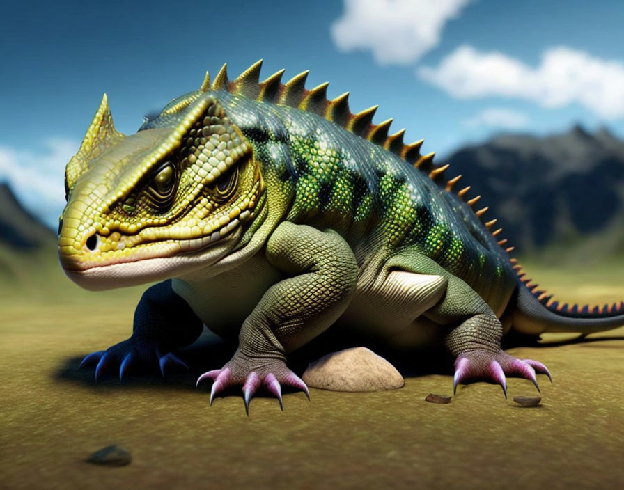 Fantastical reptilian creature with sharp spikes and vibrant colors in mountain landscape