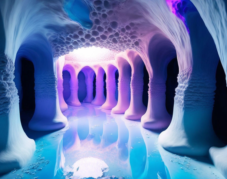 Underground Cavern with Reflective Pool and Pillars