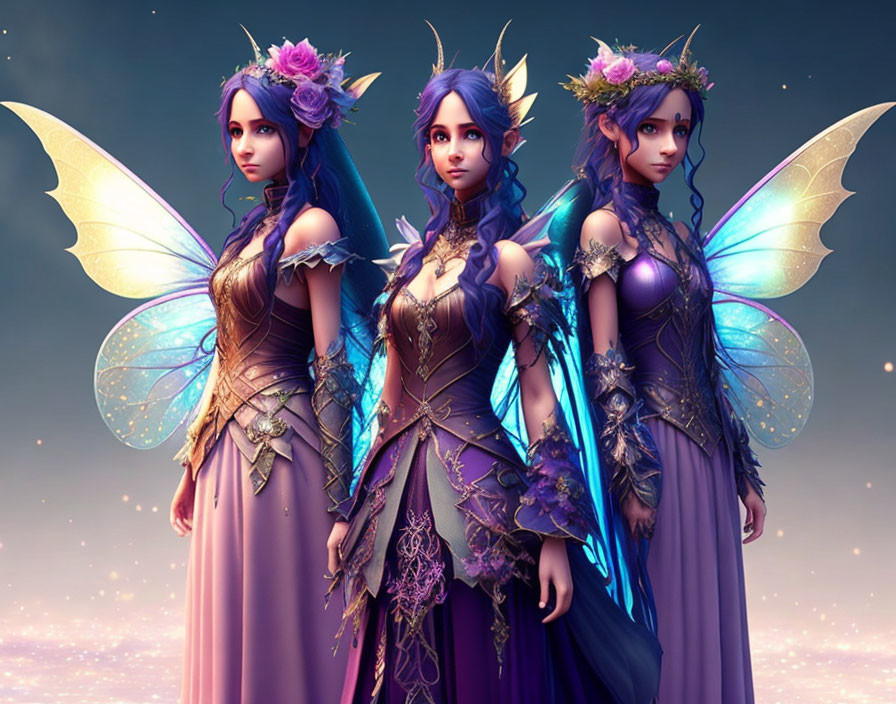 Three female fairytale characters with intricate wings and floral crowns in twilight sky