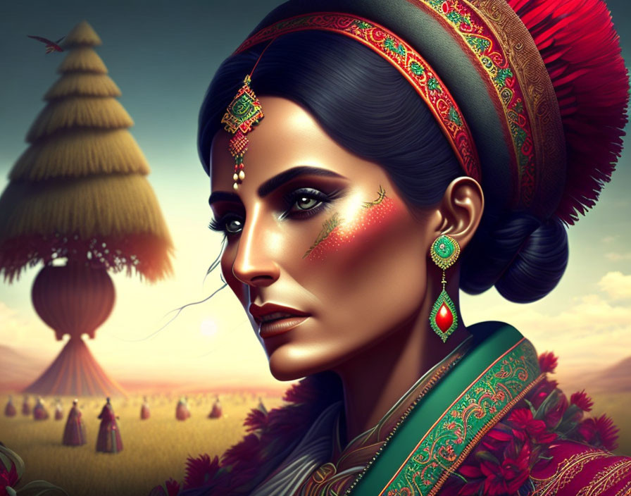 Illustrated woman in ornate jewelry and traditional attire with fantastical landscape.