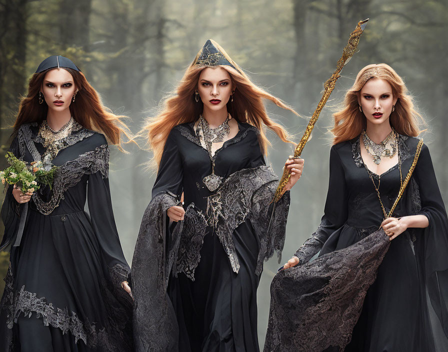 Three Enchantress Women in Mystical Forest with Gothic-Inspired Attire