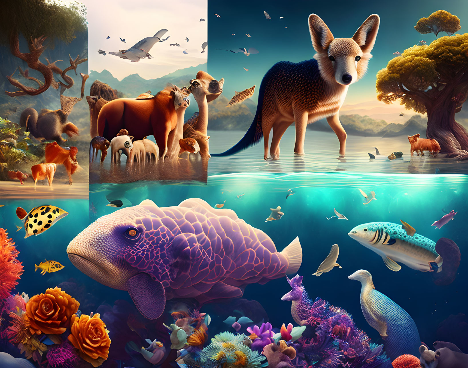 Wildlife Collage: Forest, River, Fennec Fox, Coral Reef