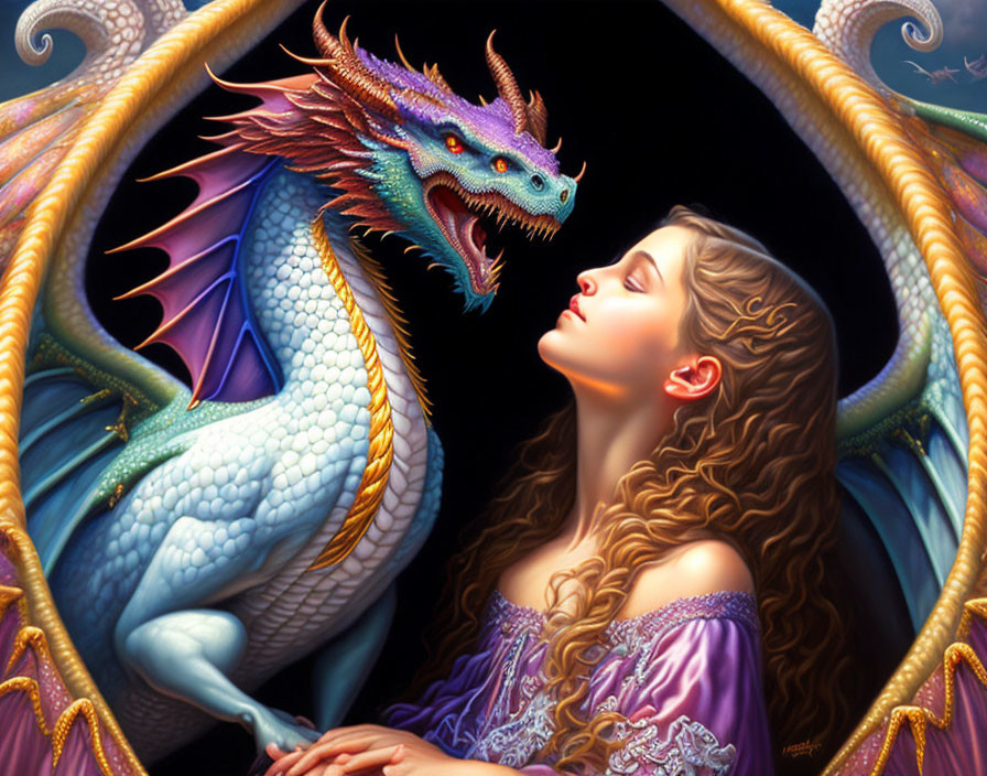 Woman in purple dress faces blue dragon with curling horns and intricate scales