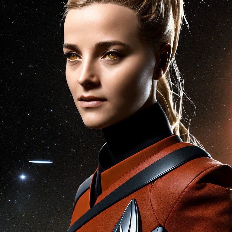 Blonde woman in braids wearing black and red suit in space scene