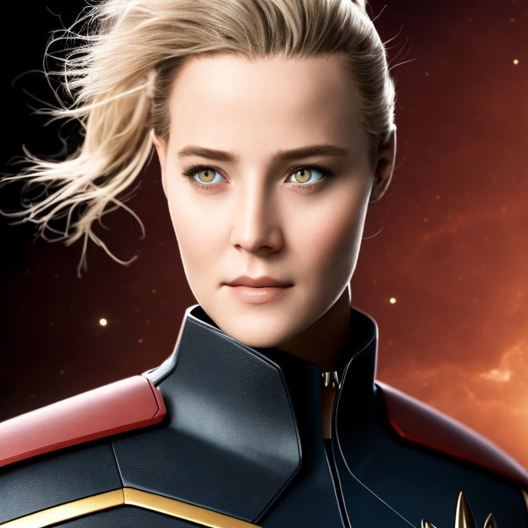 Blonde Female Superhero with Green Eyes in Red and Blue Suit