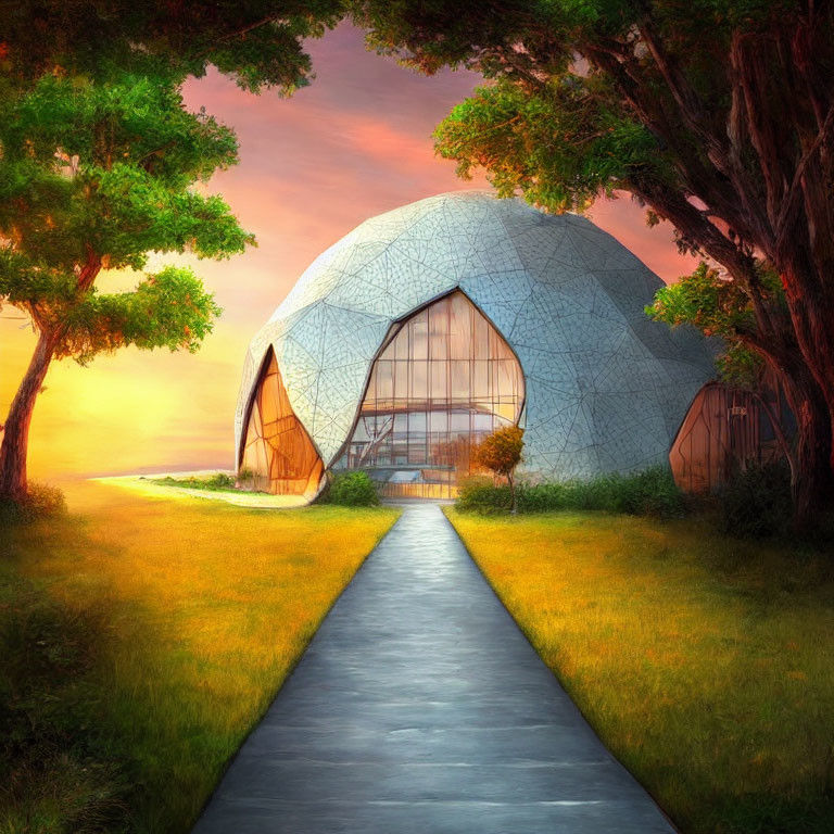 Geodesic Dome Building Surrounded by Trees and Beach at Sunset