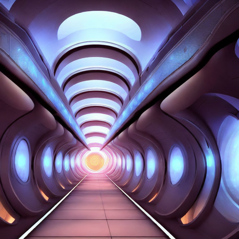 Futuristic illuminated tunnel with reflective surfaces