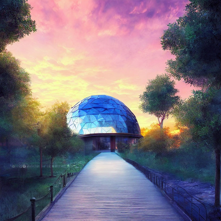 Futuristic glass dome building in lush greenery under vibrant sunset sky