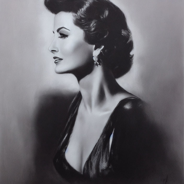 Monochrome portrait of elegant woman with vintage hairstyle and plunging neckline dress