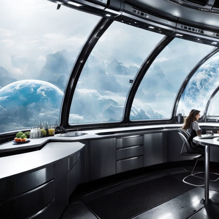 Woman in futuristic spaceship with view of Earth-like planets and mountains.