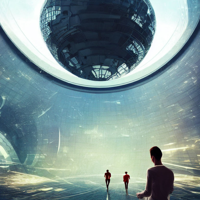 Two individuals in red tracksuits near colossal spherical structure in futuristic interior