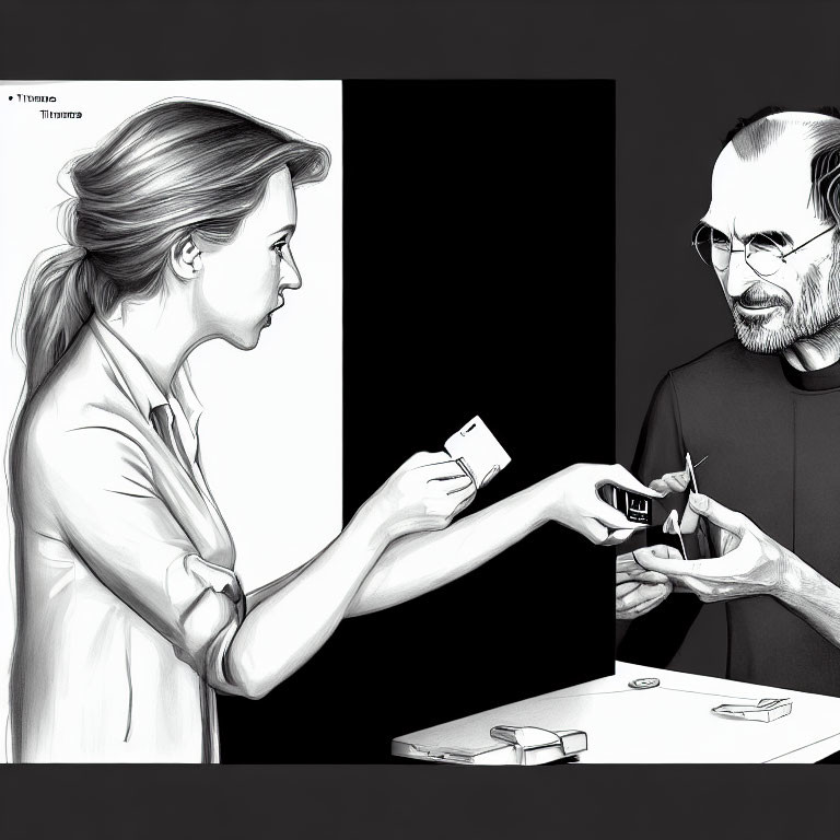 Monochrome illustration of woman handing card to man cutting another card with scissors