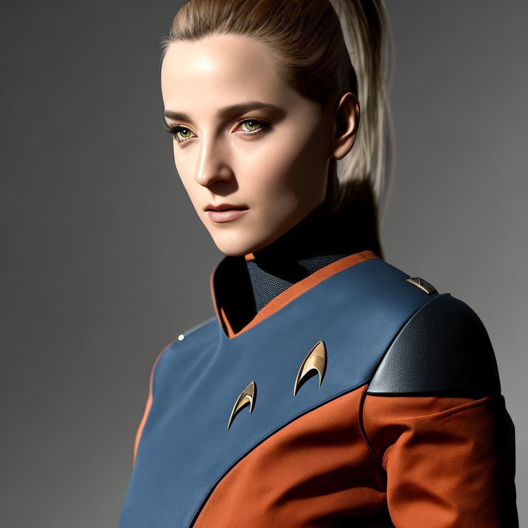 Futuristic digital artwork of woman in blue and orange uniform