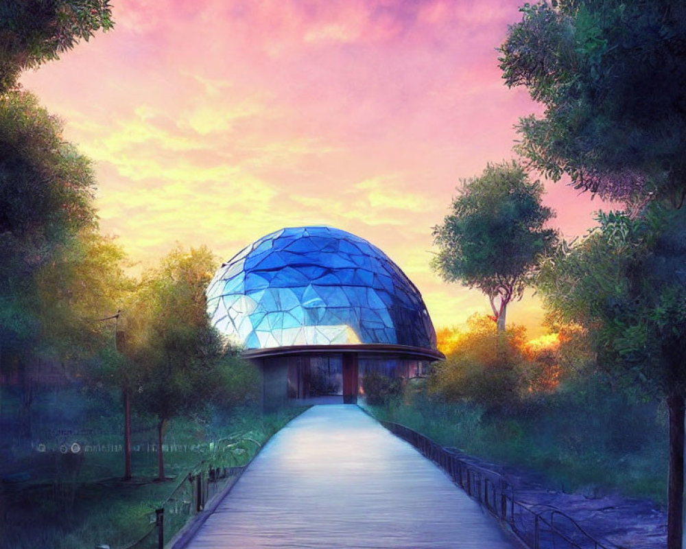 Futuristic glass dome building in lush greenery under vibrant sunset sky