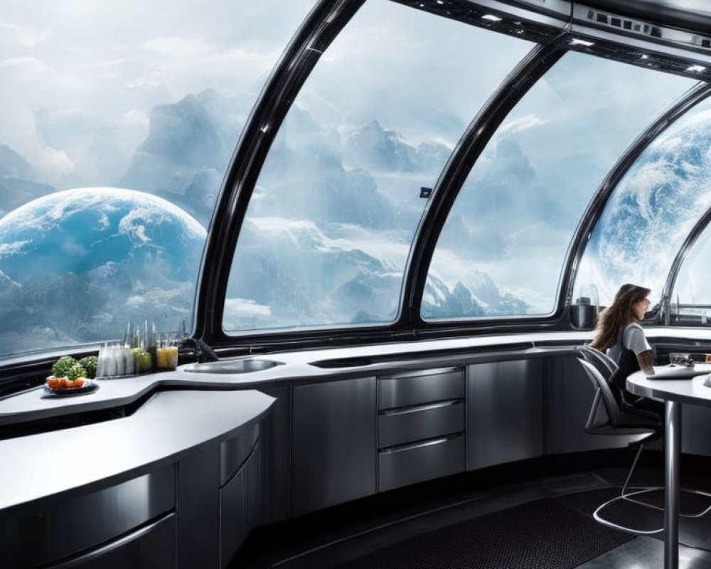 Woman in futuristic spaceship with view of Earth-like planets and mountains.