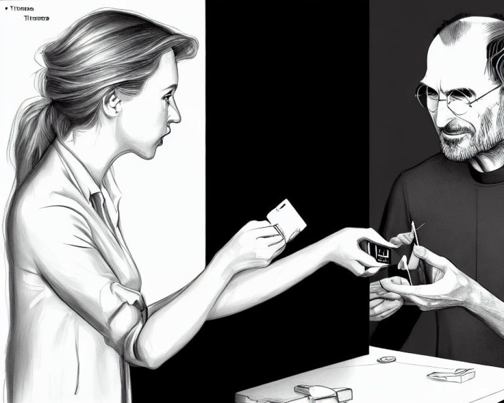 Monochrome illustration of woman handing card to man cutting another card with scissors