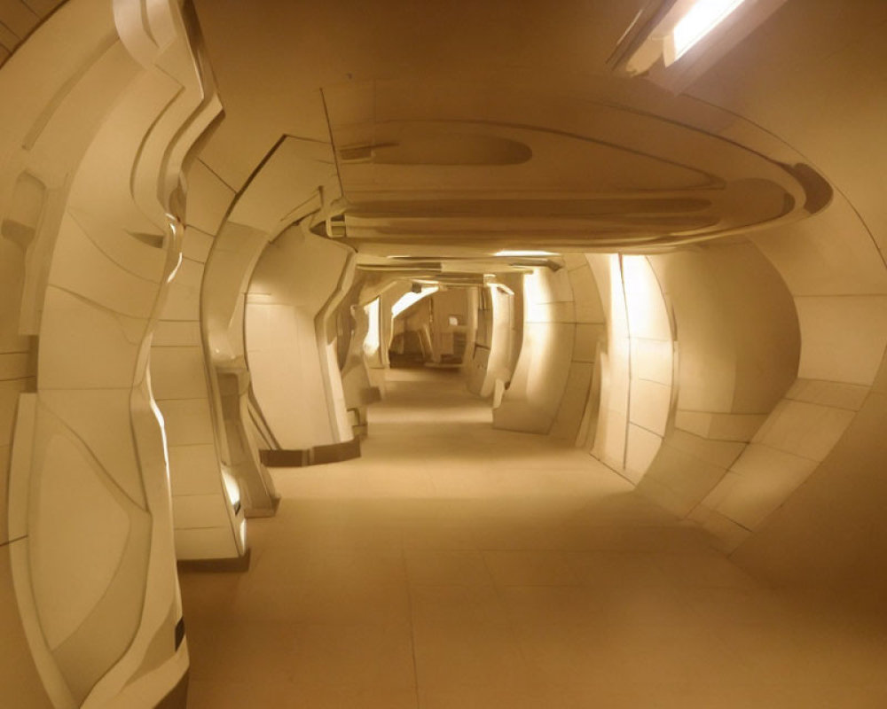 Curved walls and warm lighting in a futuristic corridor