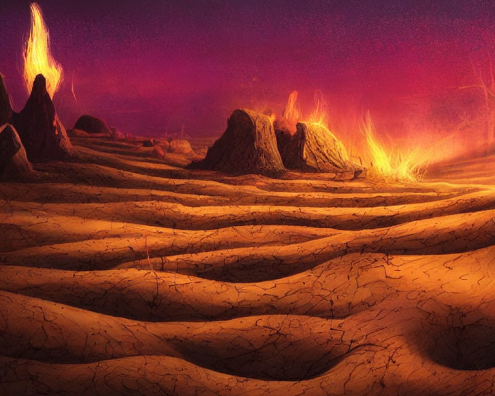 Vivid fiery landscape with glowing eruptions on purple sky