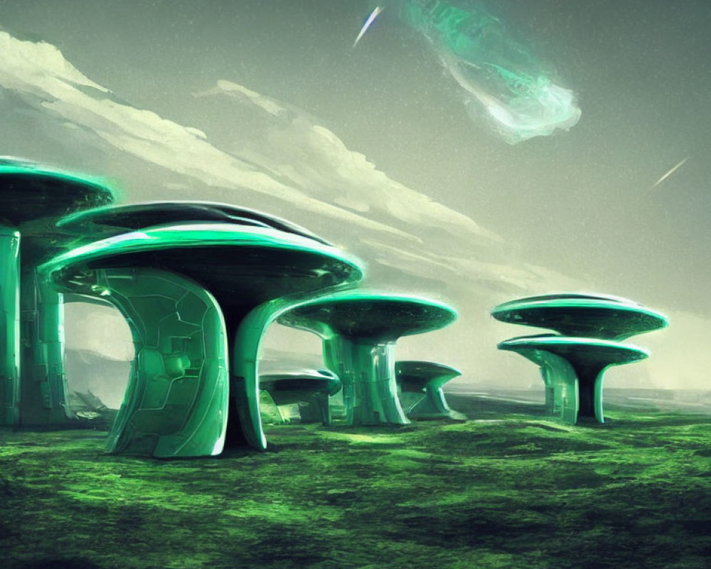 Futuristic green landscape with mushroom-like buildings and falling meteorites