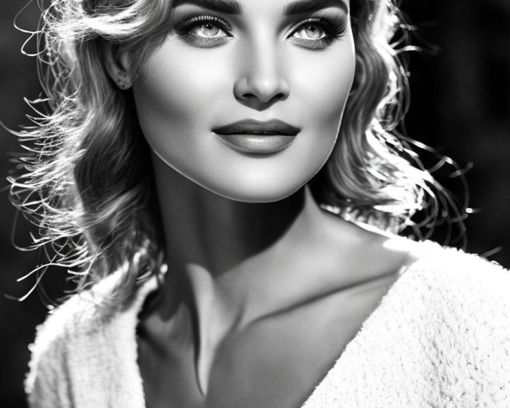 Portrait of woman with wavy hair and striking eyes in black and white