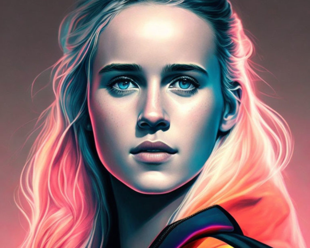 Blonde Woman with Blue Eyes in Neon Glow Portrait