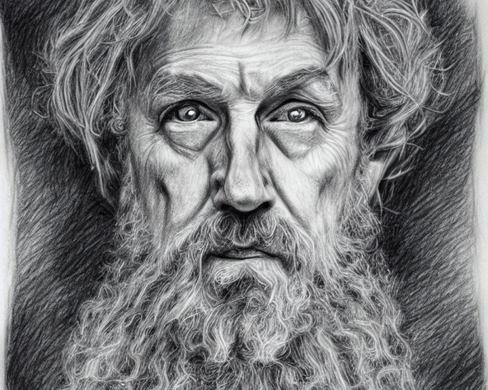 Detailed pencil sketch of elderly man with intense eyes, thick beard, and unkempt hair