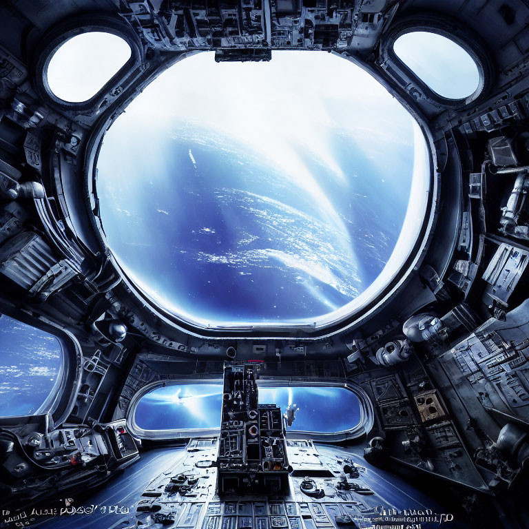 Circular window view of Earth's curvature from spacecraft with controls.