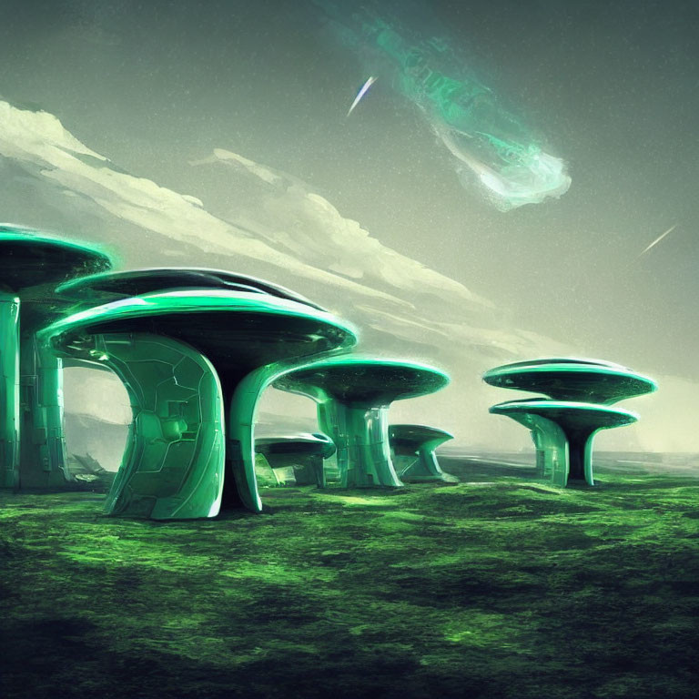 Futuristic green landscape with mushroom-like buildings and falling meteorites