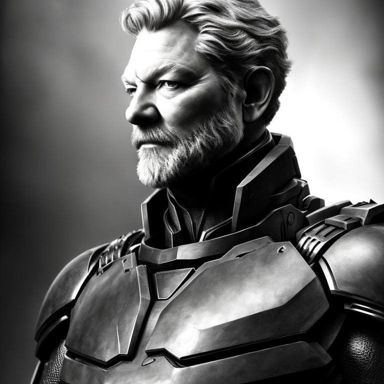 Detailed Monochrome Portrait of Bearded Man in Futuristic Armor