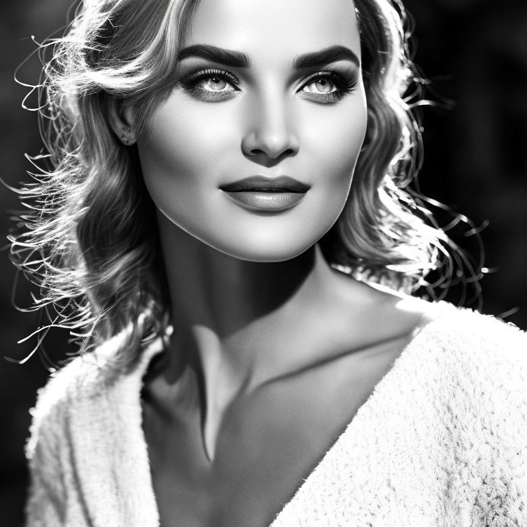 Portrait of woman with wavy hair and striking eyes in black and white