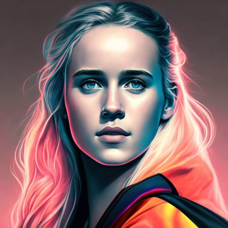 Blonde Woman with Blue Eyes in Neon Glow Portrait