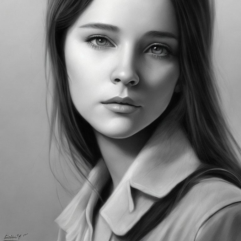 Realistic monochromatic portrait of young woman with long hair and collared shirt