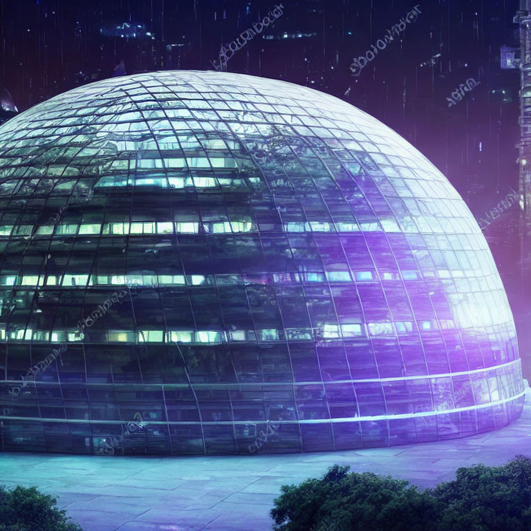 Futuristic dome-shaped building with purple and blue lights in night cityscape