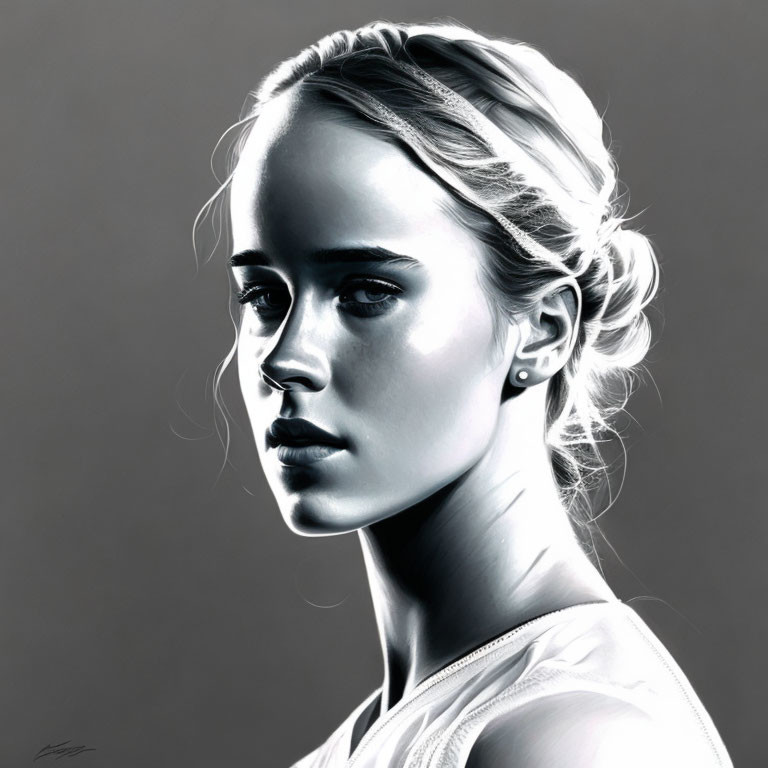 Monochromatic digital portrait: Young woman with braided hair and serene expression