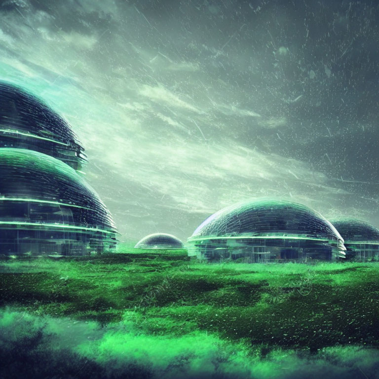 Futuristic domed structures on lush green landscape under stormy sky