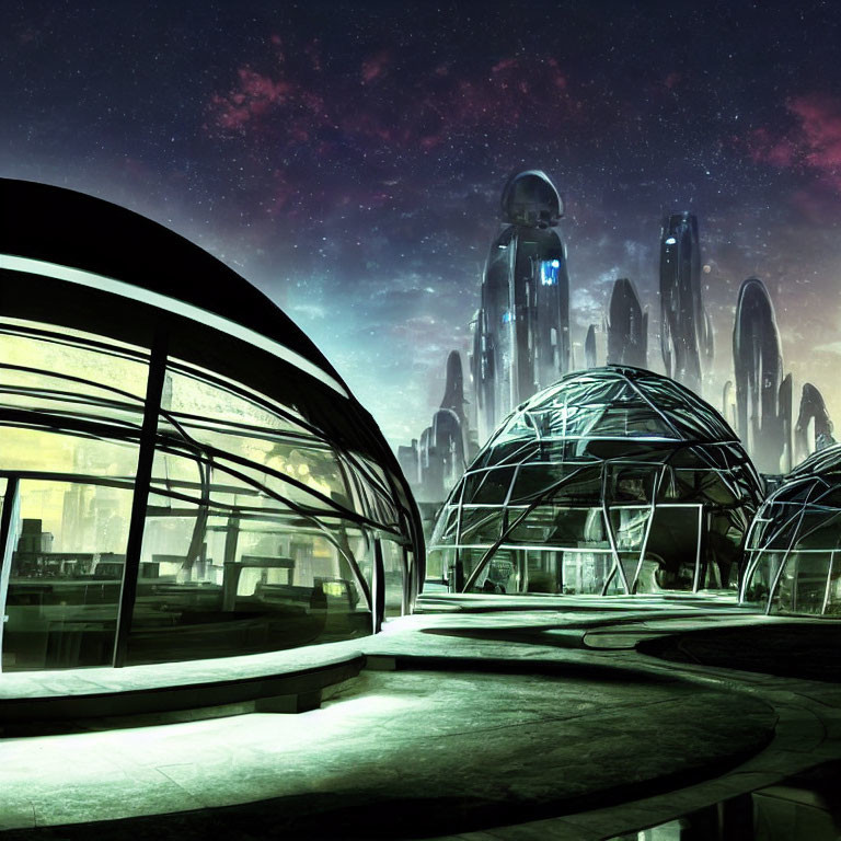 Futuristic cityscape with dome structures and skyscrapers at night