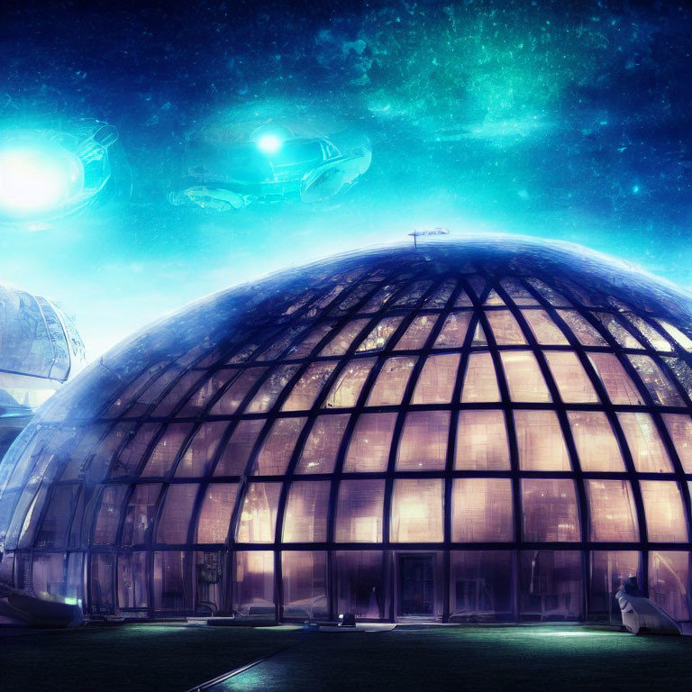 Futuristic dome structure with flying vehicles under starry sky