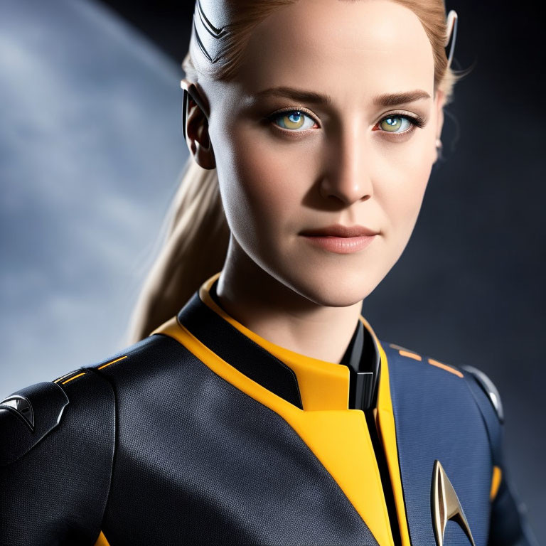 Blonde-Haired Character in Futuristic Uniform with Badge